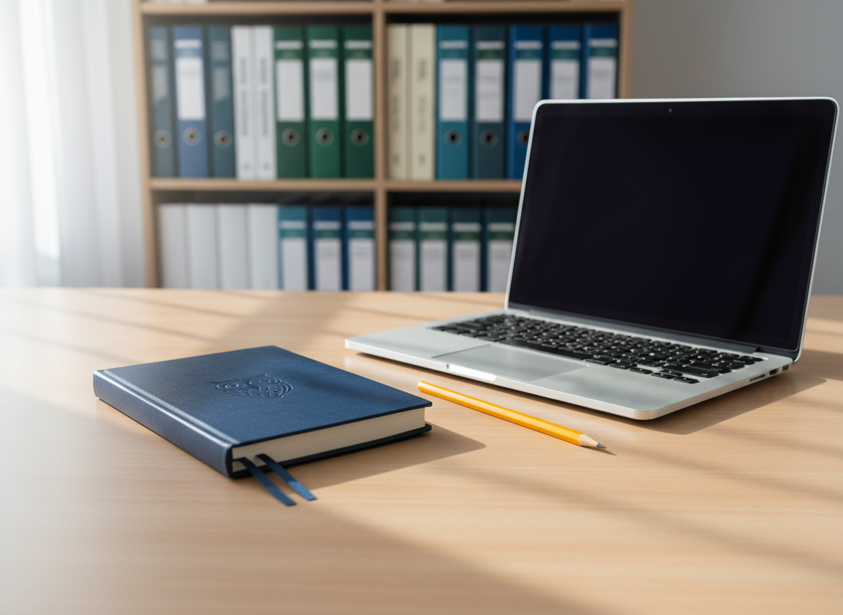 A neatly arranged study desk symbolizing a scholarship journey, featuring a closed navy-blue hardcover notebook embossed with a subtle silver emblem, a sharpened yellow pencil, and a slim silver laptop resting on a light wood surface. Behind them, a softly out-of-focus bookshelf holds orderly rows of textbooks and binders in muted blues and greens. Gentle morning daylight filters through an unseen window from the left, creating clean highlights on the laptop edge and soft shadows across the desk. Photographic realism at eye level with a slight angle, balanced composition, and shallow depth of field, conveying professionalism, hope, and academic focus in a calm, modern environment.