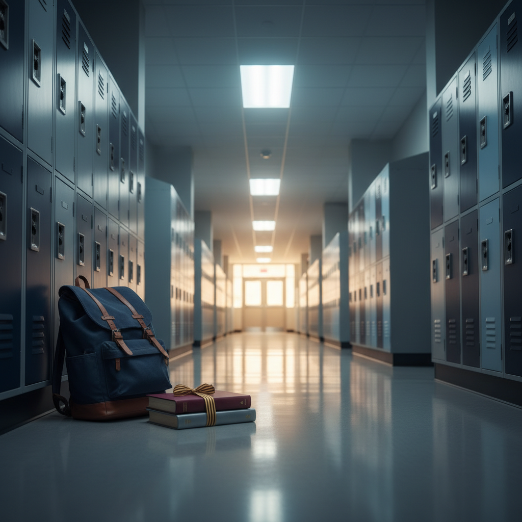 A symbolic path to education illustrated by a long, polished corridor lined with simple, well-maintained school lockers in muted blues and grays, receding into the distance. At the near end of the corridor, a single navy-blue backpack rests neatly against a locker beside a stack of three textbooks tied with a thin ribbon in school colors. Overhead fluorescent lights mix with soft daylight at the far end, creating a gradual transition from cooler to warmer tones. Photographic realism, captured from a low-angle perspective emphasizing depth and leading lines, evoking a sense of journey, opportunity, and quiet determination within a clean, modern school setting.
