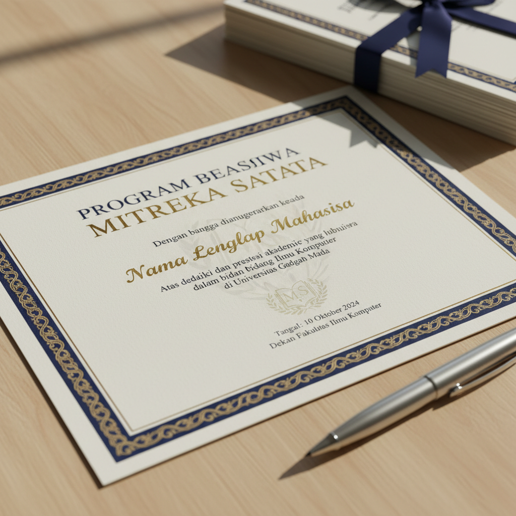 A detailed close-up of a printed scholarship certificate for “Program Beasiswa Mitreka Satata”, laid flat on a light oak table. The certificate features elegant navy and gold borders, crisp typography, and a subtle watermark emblem. A sleek silver pen rests diagonally across one corner, while in the softly blurred background, a stack of similar certificates is partially visible, bound with a simple navy ribbon. Soft, directional daylight from the right highlights the texture of the premium paper and metallic pen, casting delicate shadows. Photographic realism, shot from a slightly elevated angle with shallow depth of field, creating a refined, celebratory, and professional atmosphere suitable for showcasing recognition and achievement.